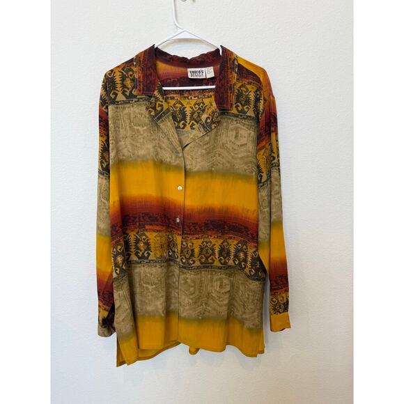 Vintage Chico’s Design 100% Silk Ombré Yellow Tribal Aztec Button 3 (XL/16) - Picture 1 of 5